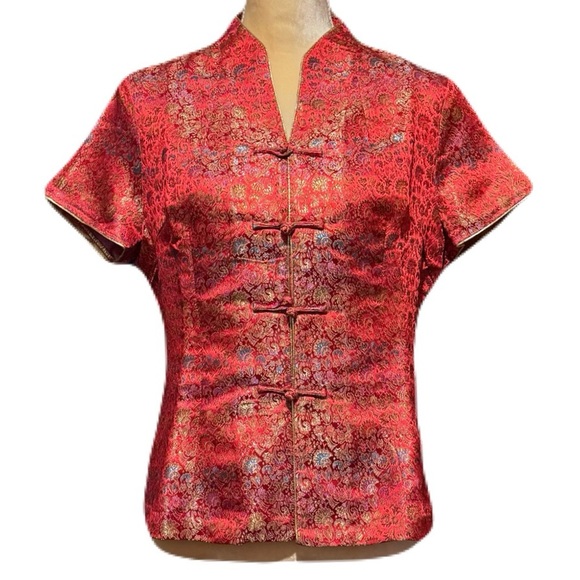 Traditional Womens Chinese Asian Summer Blouse Shirt Red Floral Frog Closure - Picture 5 of 9